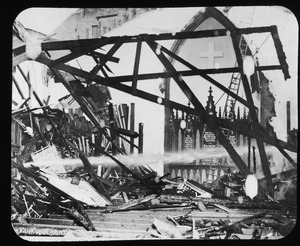 Interior of burning First Church on Green St. Jan 12, 1957