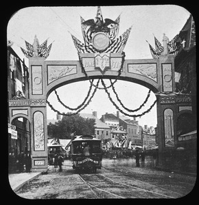 Triumphal arch at Charles River Ave. for centennial celebration June 17, 1875