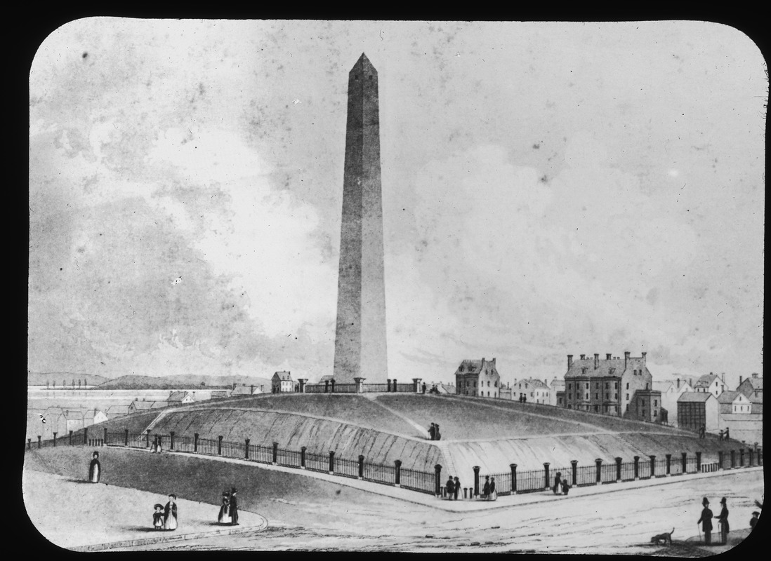 Bunker Hill Monument and three brick residences
