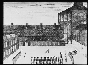Unsigned primitive painting of Charlestown Prison Yard showing granite octagonal structure of 1850