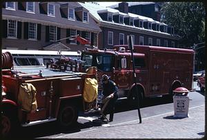 Fire trucks on Mass. Ave. near Harvard Square