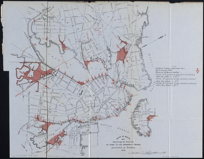 Map showing the sources of some of the offensive odors perceived in Boston, 1878