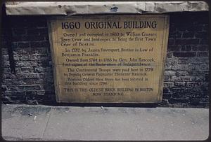 Sign on Ebenezer Hancock house reading "the oldest brick building in Boston now standing"