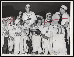 The Hero-Pitcher Ken DeRienzo is given victory ride by teammates after leading Danvers National to 5-3 win over Lynnfield in Little League game at Beverly. DeRienzo fanned nine and homered.