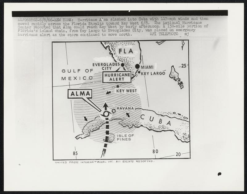 Hurricane Alma slashed into Cuba with 117-mph winds and then moved rapidly across the Florida Straits toward Key West 6/8. The National Hurricane Center reported that Alma could reach Key West by early afternoon. A 150-mile portion of Florida’s island chain, from Key Largo to Everglades City, was placed on emergency hurricane alert as the storm continued to move north.