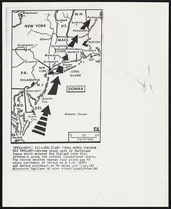 Hurricane Donna Moves Through New England -- Arrows trace path of Hurricane Donna which entered New England late this afternoon along the central Connecticut shore. The BBoston weather bureau said storm was 45 miles northwest of Boston at 6 P.M. (EDT) and moving northeast at 40 miles per hour.