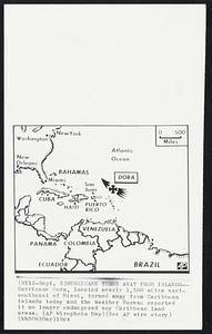 Hurricane Turns Away from Islands--Hurricane Dora, located nearly 1,500 miles east-southeast of Miami, turned away from Caribbean islands today and the Weather Bureau reported it no longer endangered any Caribbean land areas.