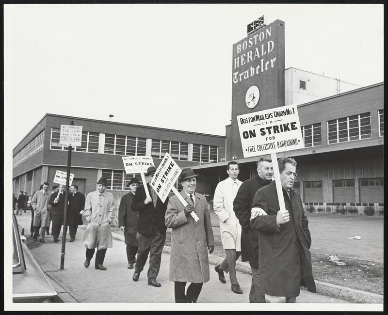 Strike Boston Newspapers. Members of the Mailers Union as they picketed in front of the Boston Herald Traveler building in Boston today (March 6). The Mailers Union International Typographical Union, voted earlier to strike against the Boston Newspapers to enforce their demand for a cash raise in a new contract instead of a health-welfare and pension plan.