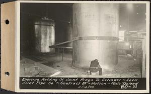 Contract No. 85, Manufacture and Delivery of Precast Concrete Steel Cylinder Pipe, Southborough, Framingham, Wayland, Natick, Weston, showing welding of joint rings to cylinder, Natick, Mass., Nov. 10, 1939