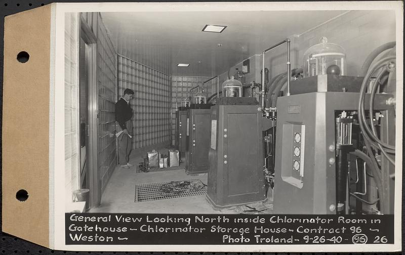 Contract No. 96, Chlorine Storage House and Equipment and Chlorinating Equipment for Gate House at Norumbega Reservoir, Weston, general view looking north inside chlorinator room in gatehouse, chlorinator storage house, Weston, Mass., Sep. 26, 1940