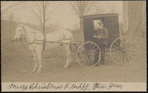 Bearded man standing by a covered carriage and identified as Mr. Phinney, the mailman from Williamsburg