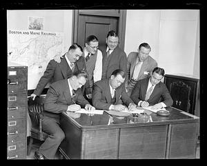 Fighters sign. L-R: Ernie Schaaf / Jack Sharkey / Jim Maloney