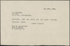 Aldino Felicani telegram (copy) to V. Scimaima, Boston, Mass., May 19, 1921