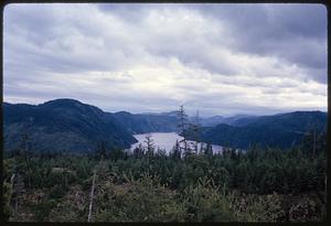 View from forested ground of lake among hills, British Columbia