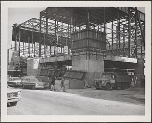 Construction of Boylston Building, Boston Public Library, construction at corner of Exeter Street and Blagden Street