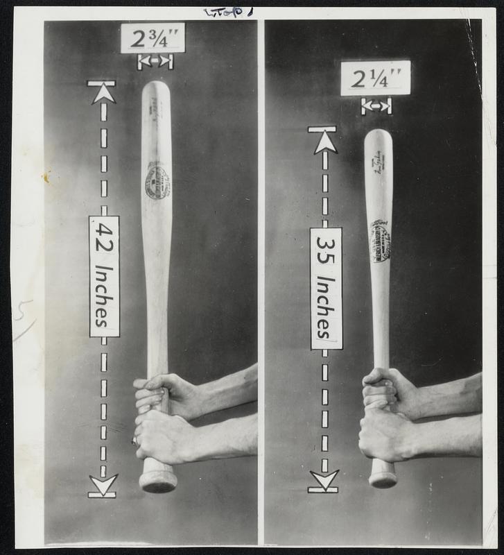 Players Switch to Lighter Bats to get more velocity into swing - which is one reason offered for more home runs. Here for comparative purposes is the heavy bat, which is the biggest permitted under baseball rules, alongside the 35-inch bat which now is most-commonly used.