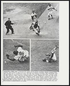 Sacrifice Goes Afoul- Mets catcher Jesse Gonder, top, starts out after a pop foul off the bat of Dodger pitcher Don Drysdale who was trying for a sacrifice bunt in the 9th inning of National League game at New York's Shea Stadium Sunday. Umpire Augie Donatelli follows the ball as Los Angeles' Dick Tracewski charges home from third. Gonder dives for the ball, lower left, then does a flip as it rolls free, lower right. Tracewski scored when Drysdale sacrifice bunted on a third strike. Los Angeles won, 6-1. The second game of the scheduled doubleheader was rained out.