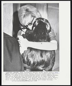 Custody Hearing Brings Tears - Actress Edie Adams, widow of comedian Ernie Kovacs, tries to comfort Bette Lee Kovacs, 15, after a Los Angeles Superior court custody hearing yesterday during which the girl testified she wanted to remain with Miss Adams. The emotional hearing also brought tears to Mrs. Bette Kovacs, first wife of Kovacs and mother of Bette Lee and Kippie Raleigh, 13, whose custody she is seeking. The hearing will resume Tuesday.