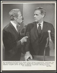 Mayor Kevin White (L) Democratic candidate for governor, gestures toward his Republican opponent, Massachusetts Gov. Francis Sargent prior to their statewide televised debate, (10/30).