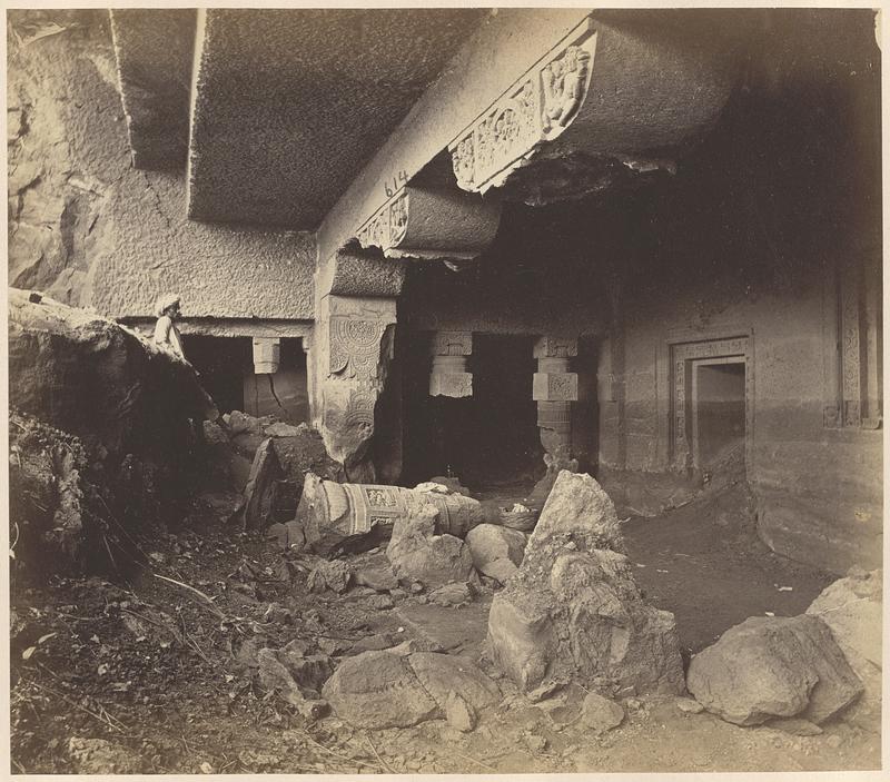 General view from the right of porch and entrance to Buddhist Vihara, Cave XXIV, Ajanta