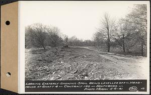 Contract No. 130, Grading, Loaming, and Grassing Vicinity of Shaft 4, Pressure Aqueduct, Southborough, and Improvement of Access Roads to the Intake Works and at Norumbega Reservoir, Marlborough, Southborough, Weston, looking easterly showing spoil being levelled off, headhouse at Shaft 4, Southborough, Mass., May 6, 1941