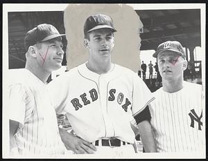 Mantle, Schwall, Maris. Don Schwall, Red Sox pitcher, center