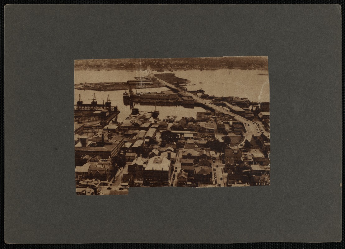 Aerial view of New Bedford, MA waterfront with Fairhaven Bridge to the