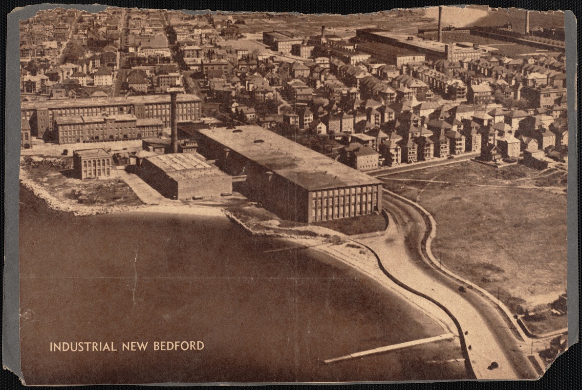 Aerial view of textile mills and worker housing, New Bedford, MA