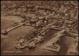 Aerial view of Nantucket Harbor showing wharves