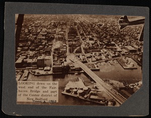 Aerial view of the west end of the Fairhaven, MA bridge and part of the center district of New Bedford, MA