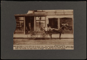 Deliveryman in horse-drawn cart in front of German Joe Lehner's Saloon
