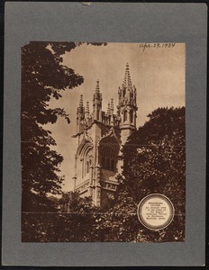 Spired tower of Unitarian Memorial Church (Rogers Memorial Church), Fairhaven, MA.