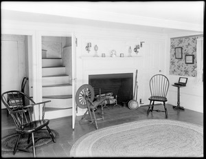 Roger G. Pierce east room with two open doors, stairway seen through one door, 24 Oakston Avenue, Dorchester