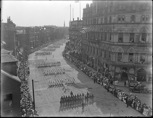 Army and Navy marching, first men to World War l, Tremont Street at the corner of Dover Street and Berkeley Street