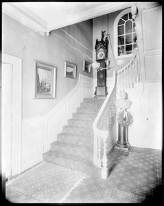 Staircase, unidentified interior with grandfather clock and bust of Washington