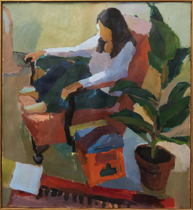 Figure in interior with rubber plant and tuba