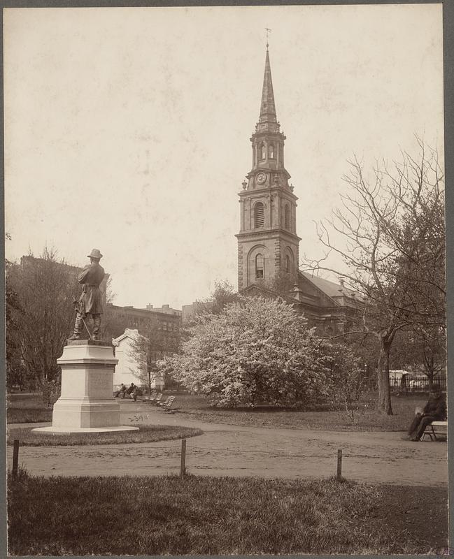 Boston, Massachusetts. Public Garden. Statue of Col. Cass and Arlington Street Church