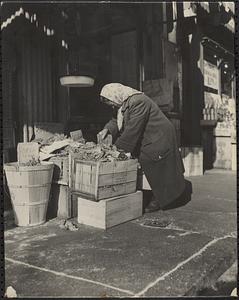 Market trader attending to stall display