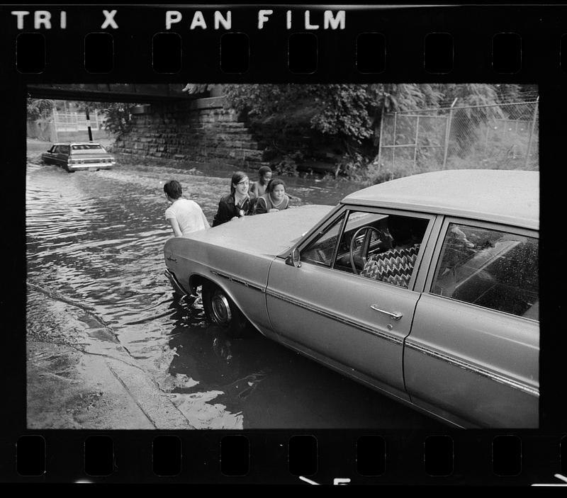 Stalled in car in rain-flooded puddle, Columbia Road, Dorchester