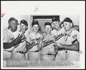 Washington – Six For Eight To Equal Record – These six Minnesota players slammed eight home runs today to equal a major league record and defeat the Washington Senators 14-2 in the opener of a doubleheader. From left are: Vic Power, Jimmie Hall, Bernie Allen, Rich Rollins, Bob Allison and Harmon Killebrew. Power and Killebrew had two each.