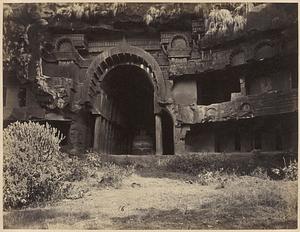 Exterior view of the Buddhist Chaitya Hall (Cave XII) and adjoining Vihara, Bhaja Caves, Pune District