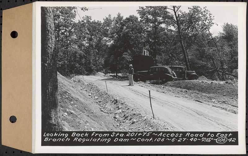 Contract No. 106, Improvement of Access Roads, Middle and East Branch Regulating Dams, and Quabbin Reservoir Area, Hardwick, Petersham, New Salem, Belchertown, looking back from Sta. 201+75, access road to East Branch Regulating Dam, Belchertown, Mass., Jun. 27, 1940