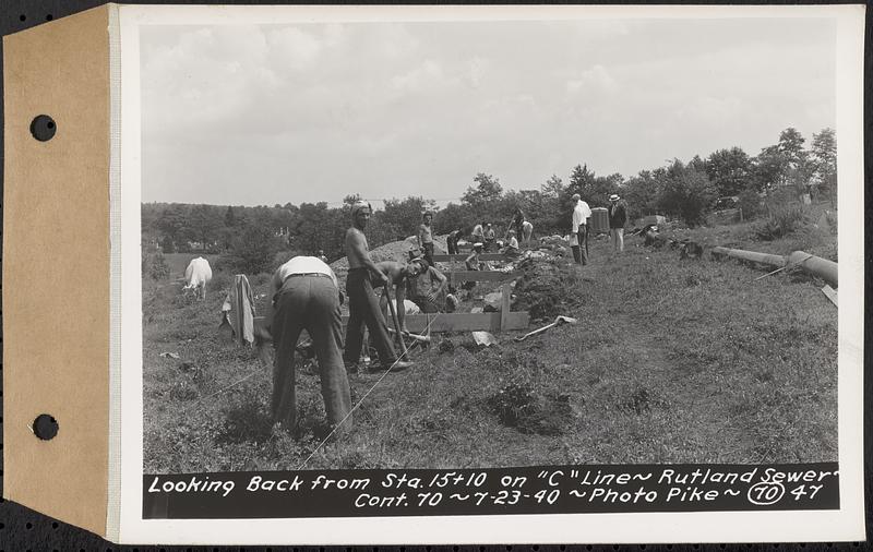 Contract No. 70, WPA Sewer Construction, Rutland, looking back from Sta. 15+10 on "C" line, Rutland Sewer, Rutland, Mass., Jul. 23, 1940