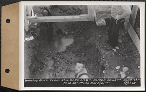 Contract No. 71, WPA Sewer Construction, Holden, looking back from Sta. 0+36 on center line, Holden Sewer, Holden, Mass., Oct. 10, 1940