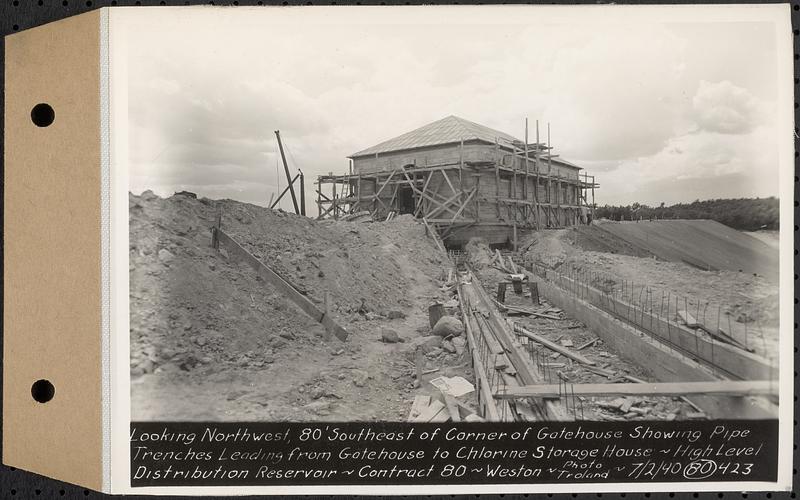 Contract No. 80, High Level Distribution Reservoir, Weston, looking northwest, 80 feet southeast of corner of gatehouse showing pipe trenches leading from gatehouse to chlorine storage house, high level distribution reservoir, Weston, Mass., Jul. 2, 1940