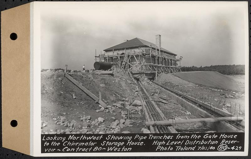 Contract No. 80, High Level Distribution Reservoir, Weston, looking northwest showing pipe trenches from the gatehouse to the chlorinator storage house, high level distribution reservoir, Weston, Mass., Jul. 23, 1940