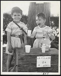 Taking Advantage of the Hot Weather to go into business are Philip Simon, 5, and brother, Kenneth, 3, who set up a lemonade stand outside their house at 493 Pleasant street, South Weymouth. They're the sons of Mr. and Mrs. George Simon.