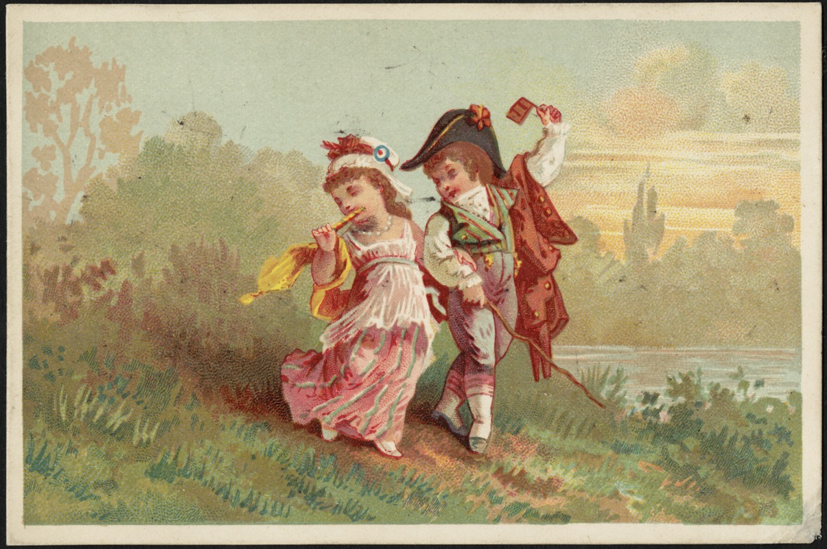 Boy and girl in historical costume, walking together.