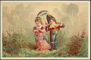 Boy and girl in historical costume, boy holding an umbrella over the girl.