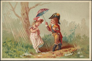 Boy and girl in historical costume, boy holding an umbrella over the girl as it rains.